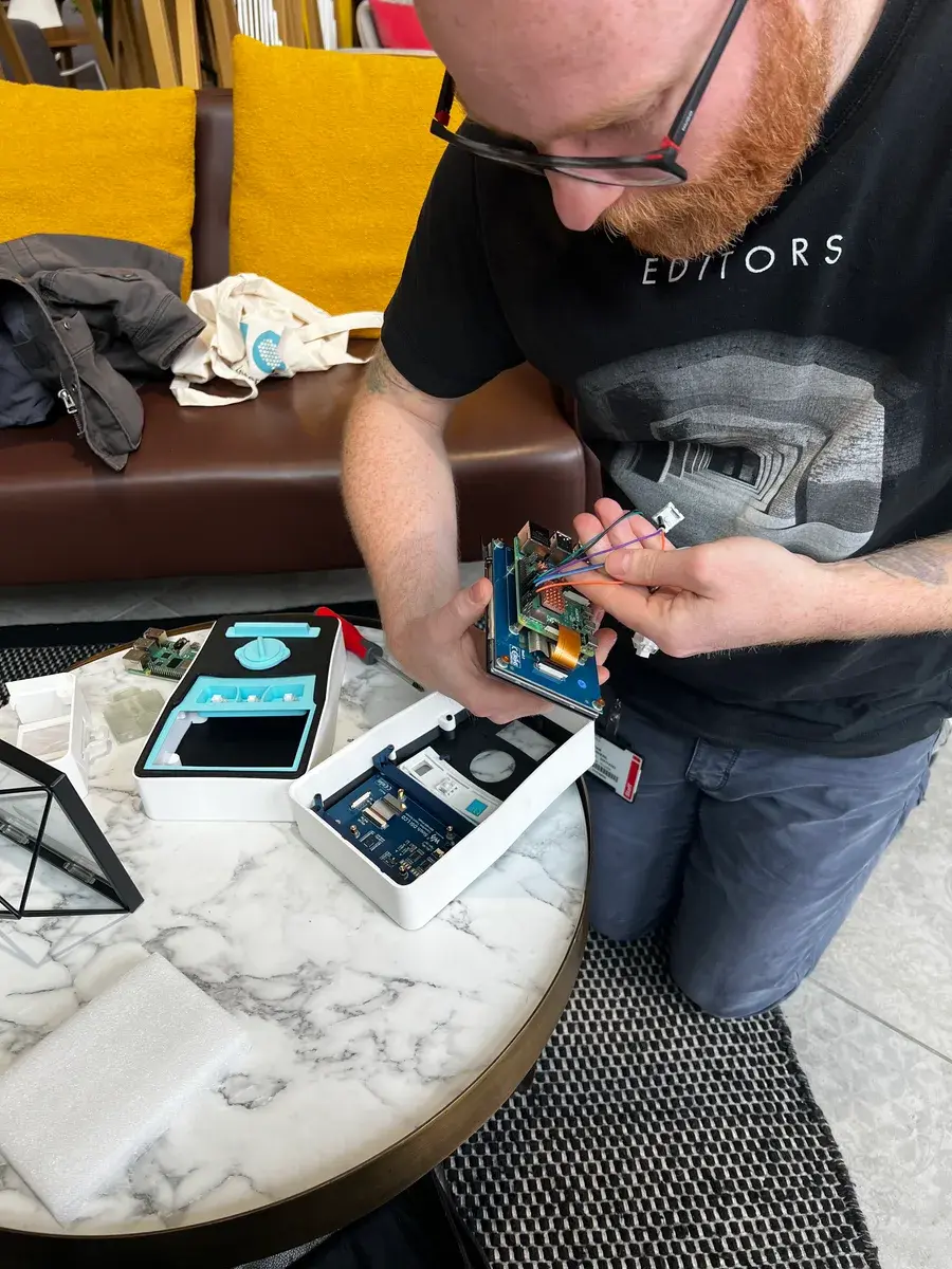 Assembling the Raspberry Pi prototype into its shell for the first time