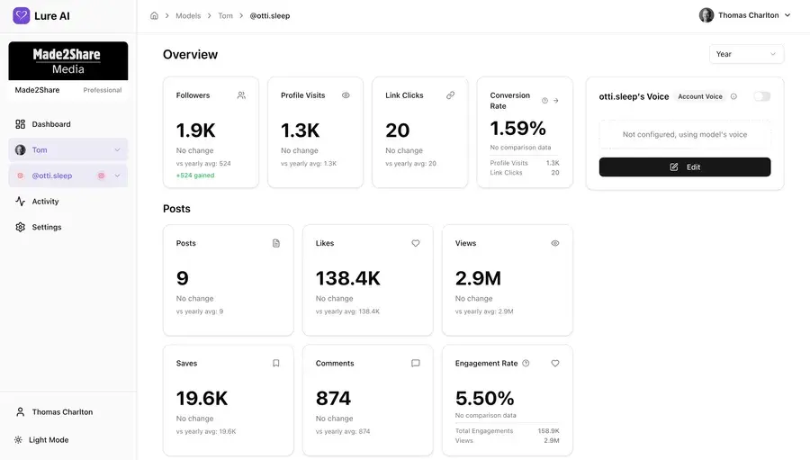 LureAi analytics overview - followers, views, engagement rate, and conversion tracking per account