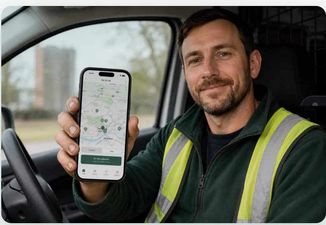 A waste carrier capturing a collection on the WasteTrace app from the cab